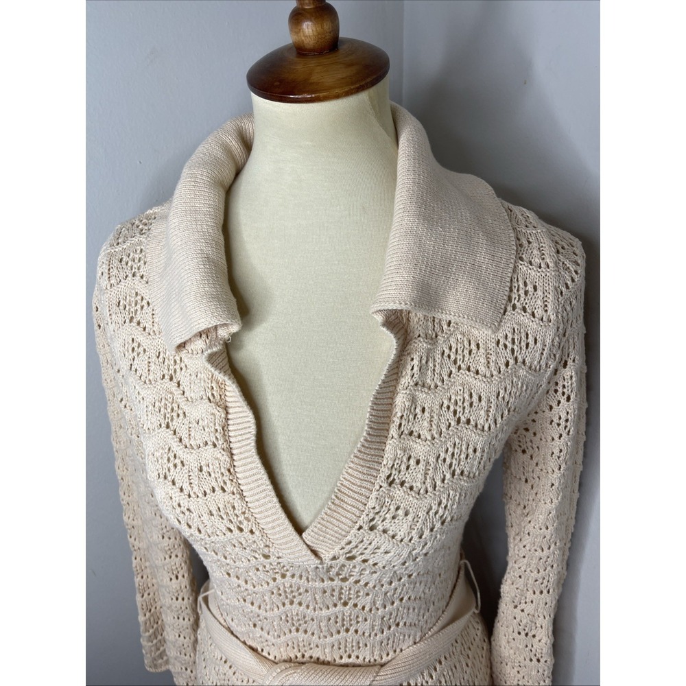 SPELL Road To Paradise Crochet Knit Mini Dress (Sz XS) Long Sleeve Belted Wheat - Picture 7 of 10